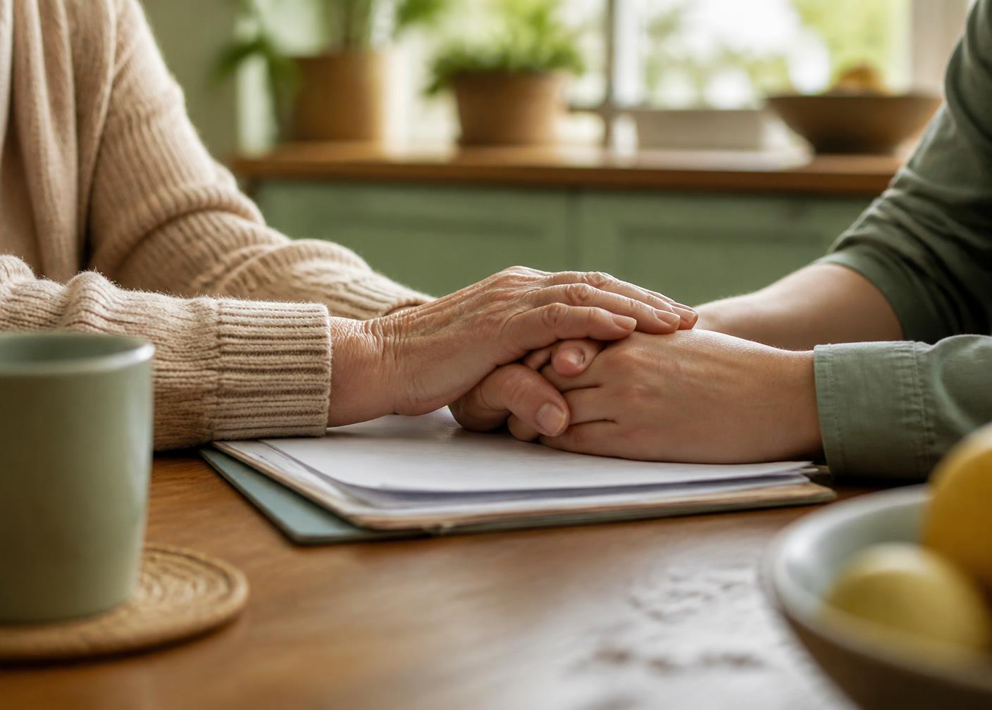 An older person's hands resting on a younger person's hands over a stack of papers