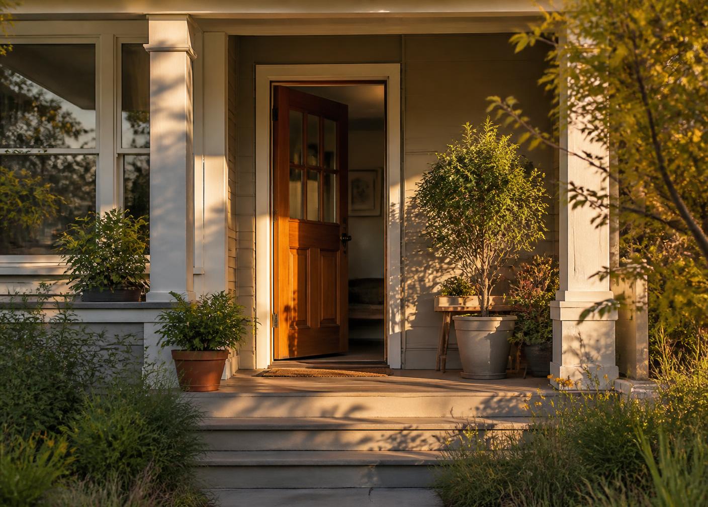 A warm sunlit front porch of a family home with the door slightly open