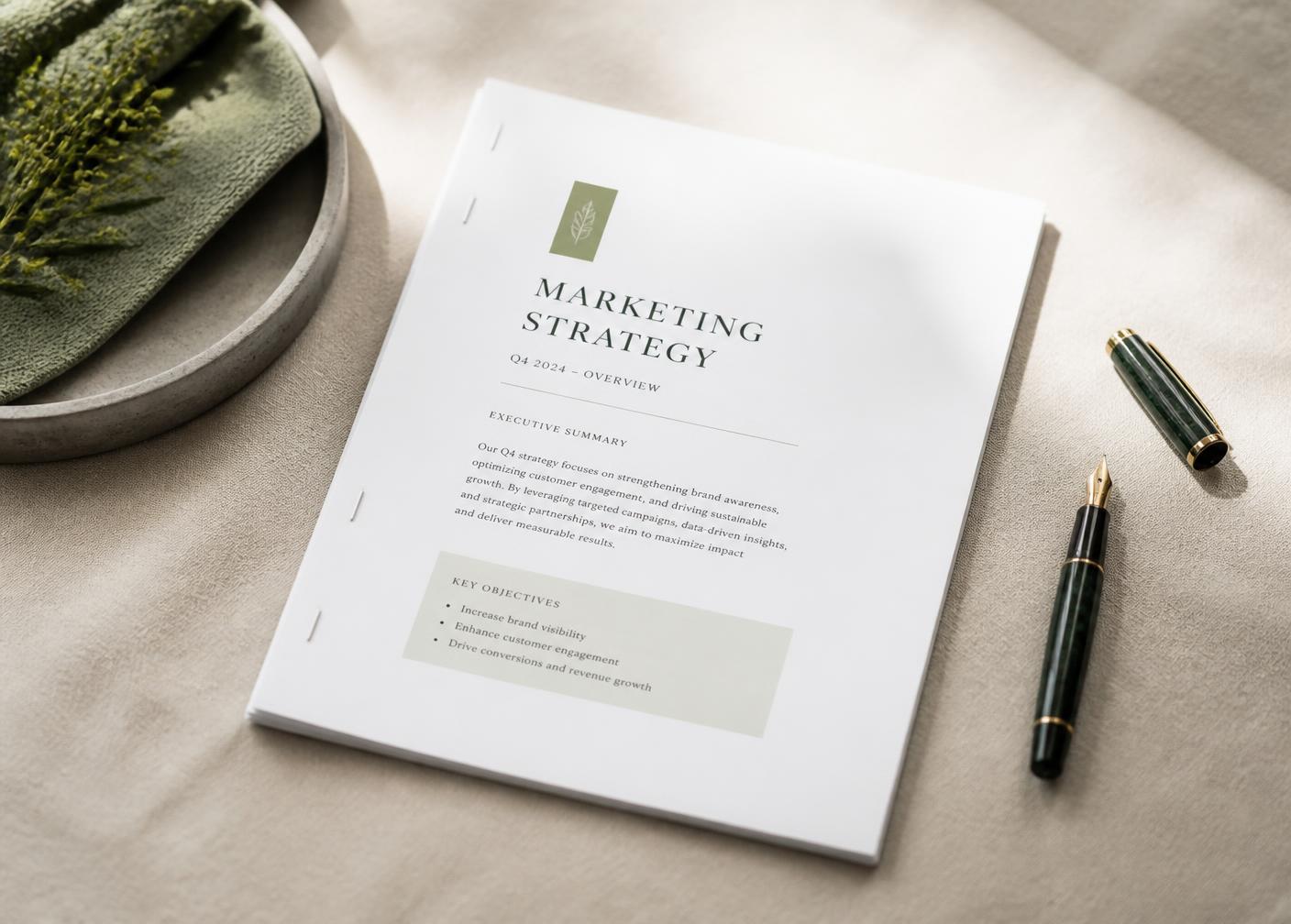 A crisply printed document lying on linen next to a fountain pen